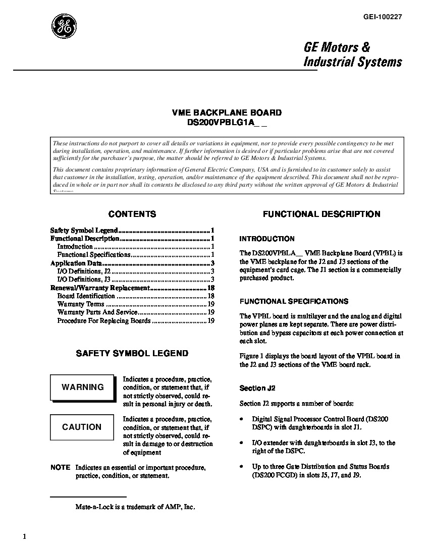 First Page Image of DS200VPBLG1A GEI-100227 VME Backplane Board.pdf